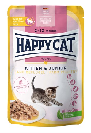 HappyCat våt/sås, Kitten/Jun. fågel, 85 g