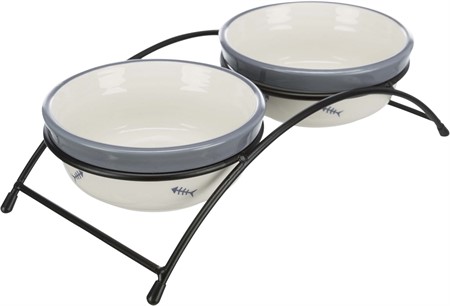 Matbar m Keramikskålar katt vit/blå-grå 2x0,3L / 12cm