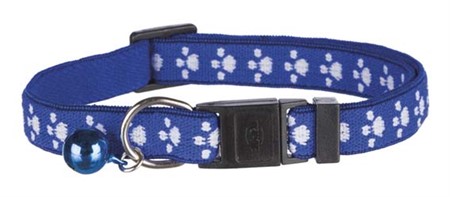 Katthalsband Tasstryck elastiskt, snabblås, bjällra. Nylon Bl. frg